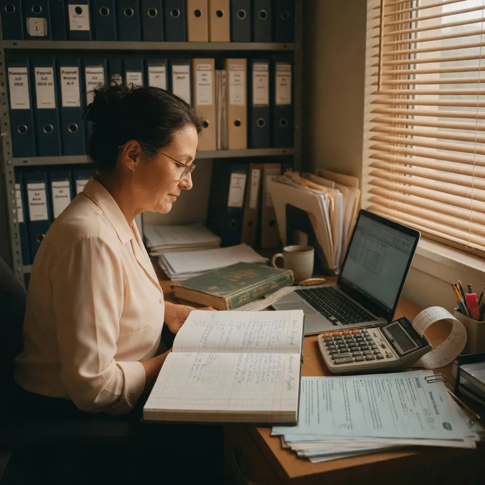 A bookkeeper at a small accounting firm with an open columnar ledger and a calculator beside a laptop, shelves of labeled binders behind, warm window light.