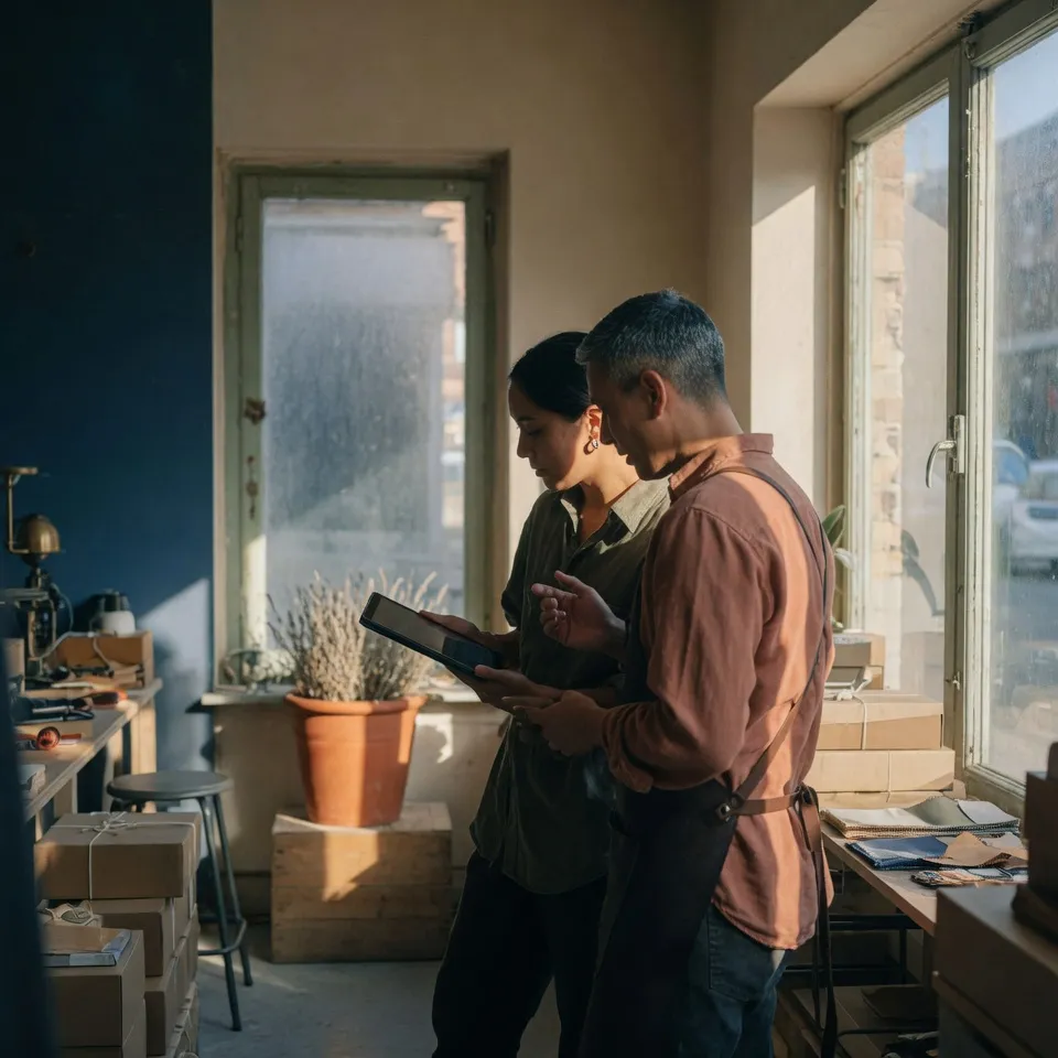 Two people at a small Tampa Bay business reviewing work together on a tablet in warm afternoon light.