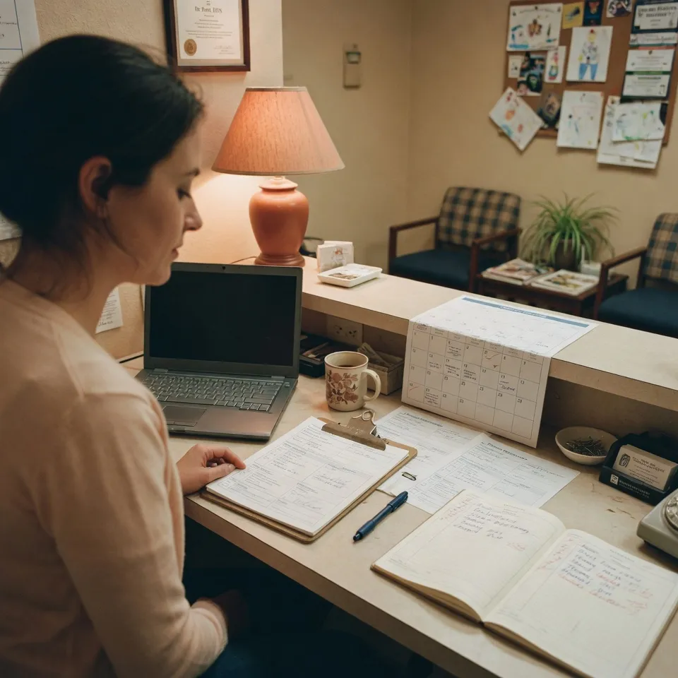 A front-desk administrator at the reception counter of a small dental practice, paper intake forms and an appointment book beside a laptop, warm waiting-room light.