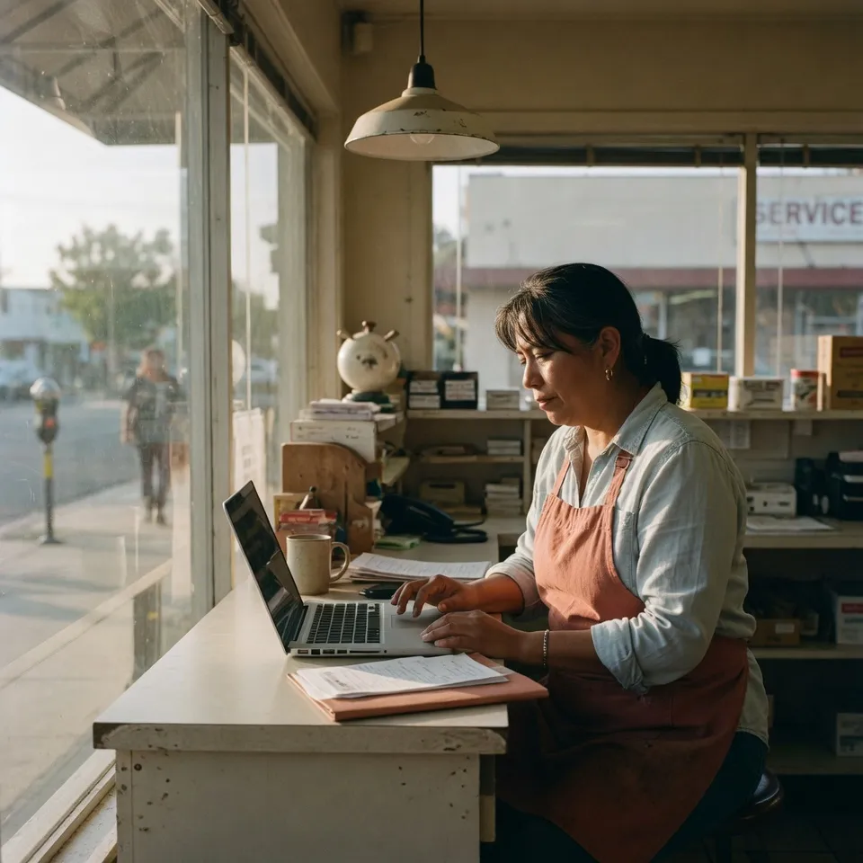 A Tampa Bay small-business owner working at a laptop on the counter of her sunlit shop.