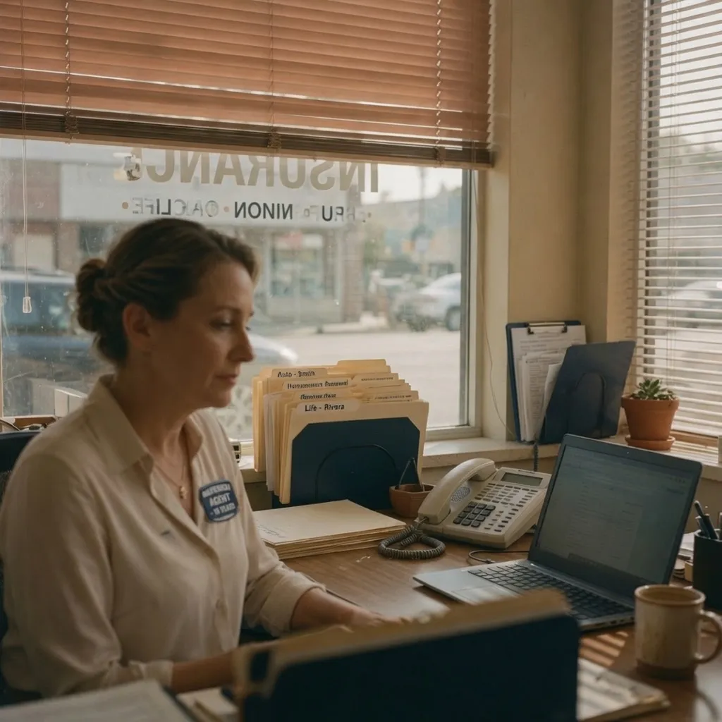 An independent insurance agent at a storefront agency desk, policy folders and a desk phone beside a laptop, warm afternoon light through a street-facing window.