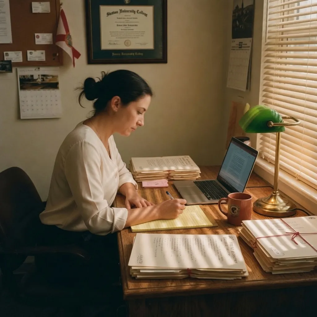 A paralegal working at a wooden desk in a small Tampa law office, case folders and a legal pad beside a laptop under warm window light.