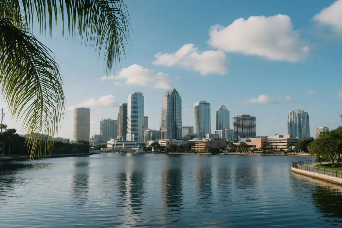 The Tampa–St. Petersburg waterfront skyline at golden hour.