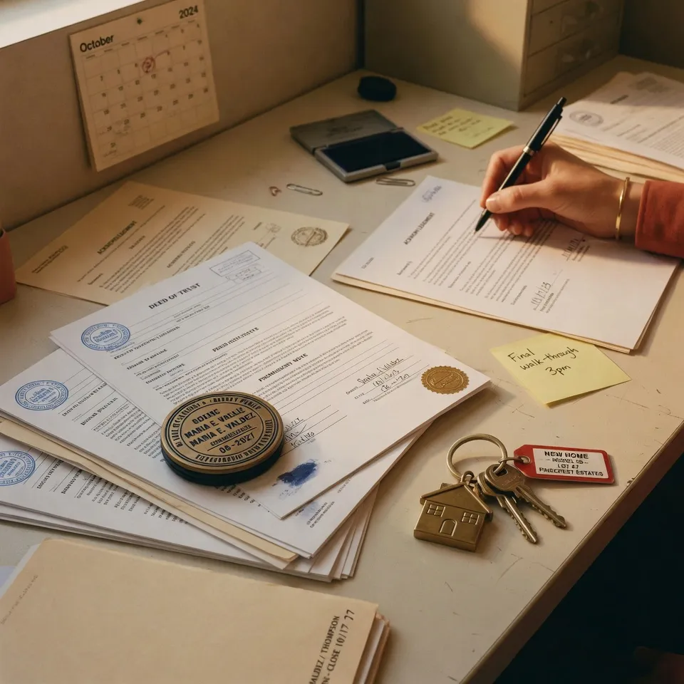 Closing documents, a notary stamp, and a house keyring on a desk in a small title company office, a hand signing under warm light.